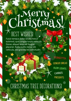 Merry Christmas wish greeting card for winter holidays celebration. Vector Santa gift presents under Christmas tree, holly wreath garland decoration garland of golden bell and star lights in snow