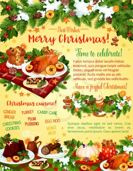 Christmas dinner invitation poster or winter holiday greeting card design of Christmas cuisine chicken and sweet cookie or wine and pie. Vector New Year tree decoration, candles and golden bell