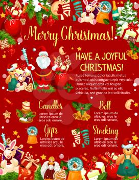 Merry Christmas poster of New Year gift and Santa Claus. Winter holidays presents, Xmas tree and bell, sock, candle and holly berry banner design, framed with star, snowflake, candy and cookie
