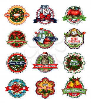 Christmas and New Year gift label and badge set. Xmas tree and holly wreath, bell, snowman and present, Santa, candle and owl, calendar, ball and ribbon banner for winter holidays decoration design