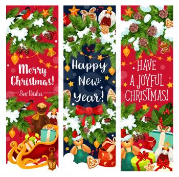 Merry Christmas and Happy New Year wish greeting banners for winter holidays celebration. Vector Santa gifts under Christmas tree, decoration garland of golden bell and star, snowman and holly wreath