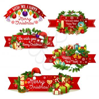 Merry Christmas and Happy New Year wish icons for winter holidays greeting card. Vector set of Christmas tree garland decorations of holly wreath with red ribbon, golden bells and Santa gifts in snow