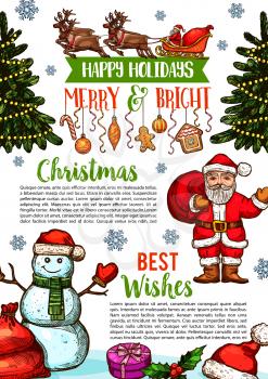 Merry Christmas winter season greeting card sketch design for happy holiday wishes. Vector Christmas tree decorations, snowman and Santa reindeer in sleigh with present gifts and golden bells in snow