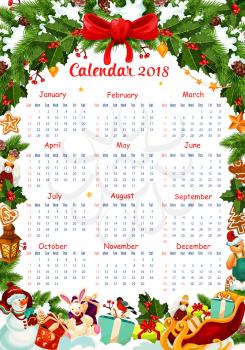 2018 calendar in Christmas decoration design for New Year winter holiday. Vector Santa gifts on Christmas tree, holly wreath garland, golden bell or stocking and candy cookie in snow and fir branches