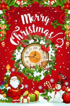 Christmas and New Year midnight clock with Xmas gift and wreath. Santa, snowman and present, ball, ribbon and snowflake, star, holly, candy and cookie greeting card with wishes of Merry Christmas