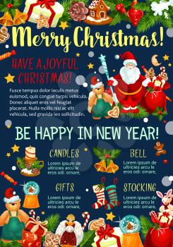 Christmas holidays and New Year celebration greeting banner. Xmas tree and holly wreath with bell, Santa with gift bag, candle and sock, candy, cookie and star poster with wishes of Merry Christmas