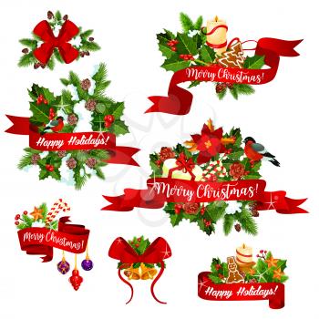 Merry Christmas and Happy Holidays wish icons of red ribbons and holly wreath for winter holiday celebration greeting cards design. Vector Christmas tree garland of golden bells and stars in snow