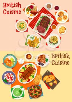 British cuisine icon set with breakfast and dinner dish. Roast beef, egg, bacon and bean with scone, sausage tart, sorrel soup, meat and fruit pie, oatmeal, fruit dessert, fried fish and potato chip