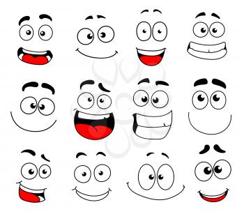 Human face emotion cartoon icon set. Emoticon, smiley and emoji character with happy, funny and cheerful smile, cute, confused and joyful eyes for facial expression and emotion themes design