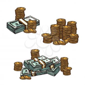Money sketch set with stack of paper currency and golden coin. Pile of cash money with green dollar bill and gold coin for finance, bank and business success themes or wealth and economy design