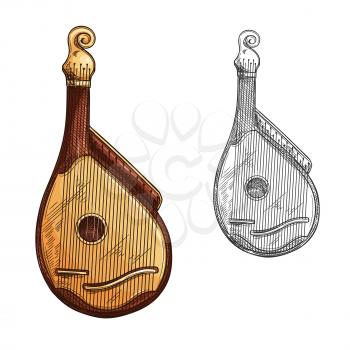 Bandura ukrainian musical instrument isolated sketch. Bandura or kobza plucked string folk instrument of Ukraine with wooden body and strings for ethnic music orchestra and folk festival theme design