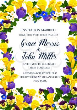 Flower frame for wedding ceremony invitation banner template. Blooming branch of jasmine, crocus and calla lily, pansy and forget-me-not floral border for marriage anniversary greeting card design