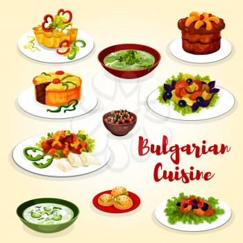 Bulgarian cuisine menu icon of dinner dish with dessert. Cucumber soup tarator, vegetable salad and fried pepper with cheese, bean beef stew, spinach soup, fruit jam pie and grape cupcake