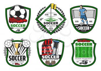 Soccer sport league championship label for football game design. Soccer ball, golden winner cup and football game player, stadium play field, goal gate and boots on heraldic shield with laurel wreath