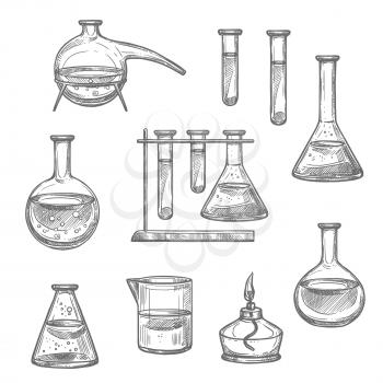 Laboratory glassware and equipment sketch set. Chemical laboratory glass flask, test tube and beaker, retort and spirit lamp isolated icon for chemical research and science experiment themes design