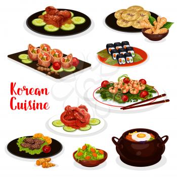 Korean cuisine icon of traditional asian food. Vegetable rice, bbq beef bulgogi, pickled fish and fried shrimp with spinach, beef rice roll, pork rib in soy sauce, vegetable roll and bean pancake