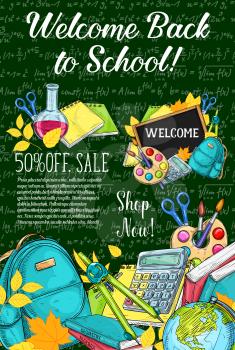 Back to School sale or autumn eduction season poster of mathematics formula on green chalkboard background. Vector web banner sketch template of school bag, geography globe or microscope and book