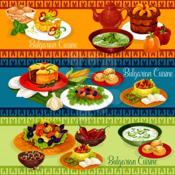 Bulgarian food banner for balkan cuisine restaurant menu design. Vegetable salad, stuffed pepper with cheese and cucumber yogurt soup, beef stew with bean, spinach cream soup, fruit pie and cupcake
