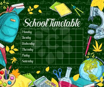 School timetable banner on green chalkboard with school supplies frame. Week lessons schedule template, framed with student book, calculator, globe and backpack sketches with yellow autumn leaves