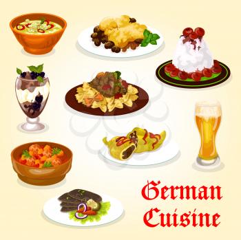 German cuisine dinner with meat dish and dessert. Cream sauce meat with pasta, stuffed pepper and pork spinach casserole, cherry cream dessert, chocolate pudding and duck breast with vegetable