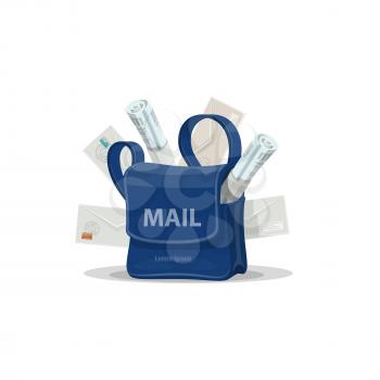 Mailbag of postman with mail cartoon icon. Blue bag of mailman with letter envelope, newspaper, magazine and copy space on front side for postal service and post delivery design