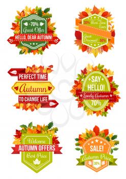 Autumn sale label and fall season promotion badge set. Yellow and orange leaf emblem with autumn foliage of maple, chestnut and oak tree, ribbon banner and discount offer text layout for retail design
