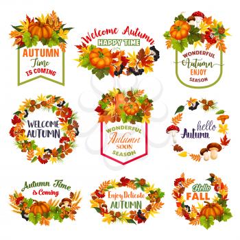 Welcome Autumn or Hello Fall icons of pumpkin or rowan berry harvest and forest mushroom . Vector isolated set of maple or aspen and elm tree autumn falling leaves design for seasonal greeting quotes