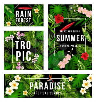 Summer tropical paradise poster set with frame of palm leaf and exotic flower. Green foliage of jungle plant and tree with hibiscus, orchid and plumeria banner for Hawaiian vacation and holiday design