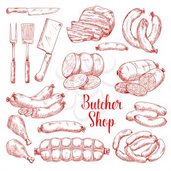 Butcher shop meat products vector isolated sketch icons. Butchery gourmet delicatessen and gastronomy brats and frankfurter sausages. ham or hamon and bacon brisket, wiener and frankfurter salami or cervelat