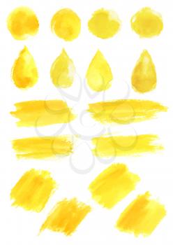 Yellow watercolor paint strokes, or watercolor paintbrush blobs and splashes. Vector abstract shape isolated stains icons in aquarelle paint brush drops or droplets, lines and round circles