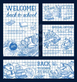 Welcome Back to School sale ink pen sketch poster of school bag or lesson stationery pattern on checkered notebook. Vector school bag or book and calculator, globe or pencil and autumn maple leaf