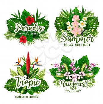 Tropical paradise card set for summer vacation or exotic holiday design. Green leaf of jungle palm and plant with flower of orchid, hibiscus and strelitzia for Hawaiian beach party invitation template
