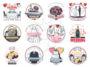 Wedding celebration vintage label with bride and groom. Heart, ring and gift, bridal dress, suit and cake, church, flower bouquet and dove for marriage anniversary and save the date greeting card