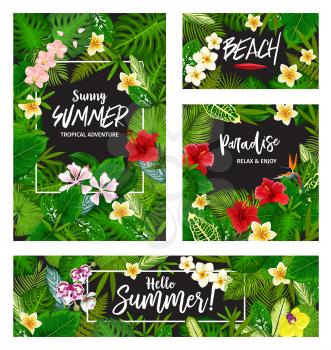 Hello Summer banner of tropical vacation and beach party invitation. Exotic palm leaf and hawaiian flower card frame with green foliage of monstera, fern and banana tree, hibiscus, orchid and plumeria
