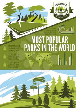 Landscape architecture and horticulture infographic. National park, city garden and forest statistic world map, green ecology nature graph, decorative tree and plant landscaping maintenance chart