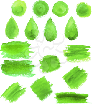 Green watercolor abstract paint strokes, blobs and splashes and drops. Vector isolated stain icons of gouache or oil paint paintbrush lines and round circles with with watercolor color gradient