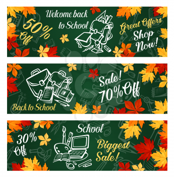 School supplies special offer banner for back to school season sale template. Student book, pencil and pen, paint, globe and notebook chalk sketch pattern on blackboard for advertising flyer design