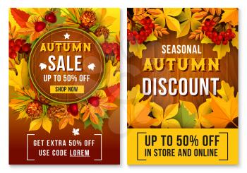 Autumn sale poster or leaflet up to discount off for September seasonal online store discount. Vector promo shopping design template of maple leaf, oak acorn or rowan berry harvest