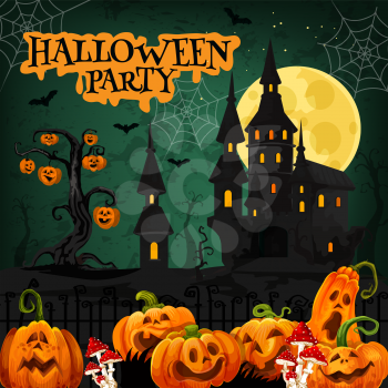 Halloween holiday horror party invitation with ghost haunted house. Scary castle, pumpkin lantern, bat and spider net with full moon night sky on background for autumn holiday greeting card design