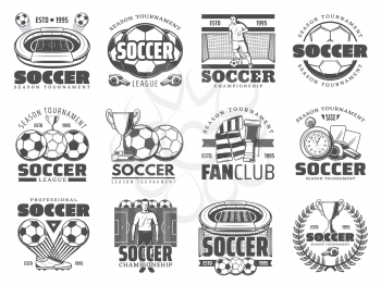 Football or soccer sport icons and symbols set. Football game player, soccer ball and winner cup, stadium play field and gate for sport design