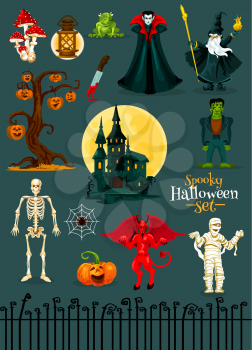 Halloween monster characters set. Pumpkin, ghost haunted house with moon, spider net, skeleton, spooky tree with jack o lantern, Dracula vampire and zombie, Halloween demon, mummy and evil wizard