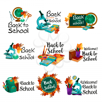 Welcome Back to School icons of school bag and lesson stationery. Vector isolated set of book or copybook and mathematics calculator, pen or pencil with autumn maple leaf and green chalkboard