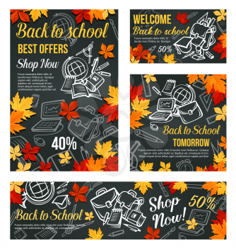 Back to School big sale web banner or discount promo poster design template of school bag or lesson stationery on chalk blackboard background. Vector book and calculator, globe or pen and pencil