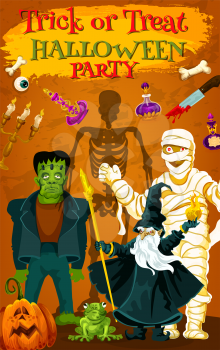 Halloween holiday trick or treat horror party poster. Spooky zombie, skeleton, mummy and evil wizard invitation banner design, decorated by Halloween pumpkin lantern, potion bottle and monsters