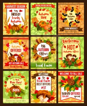 Autumn sale posters set for shop seasonal discount promo and hot price off special offer. Maple leaf, birch or oak acorn and pumpkin, rowan berry harvest, mushroom amanita or chanterelle vector design