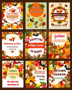 Autumn season nature retro poster and banner set. Fall leaf, forest mushroom and berry frame with yellow and orange foliage, amanita, chanterelle and cep, acorn and rowan for greeting card design