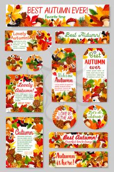 Autumn nature tag and label set with fall season leaf and mushroom. Fall leaves, orange and yellow foliage, acorn and rowan berry, amanita, chanterelle and pine cone for sale promo and gift tag design