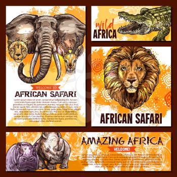 Wild African animals banners or posters templates for safari adventure or welcome to zoo design. Vector sketch elephant, alligator crocodile or lion and tiger with hippopotamus or rhinoceros