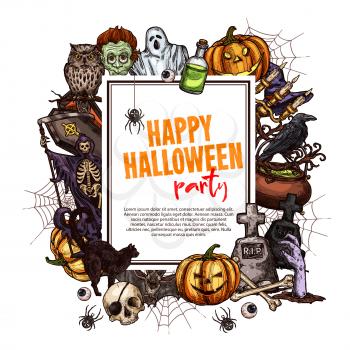 Happy Halloween sketch greeting card. Horror pumpkin lantern, ghost and bat, spooky skull, skeleton and zombie, spider, witch hat and gravestone frame with copy space in center for Halloween design