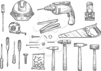Repair, carpentry and woodwork work tools sketch icons set. Vector isolated safety helmet, electric drill or saw and drill, tape-measure ruler or plastering trowel and hammer with nails or screwdriver